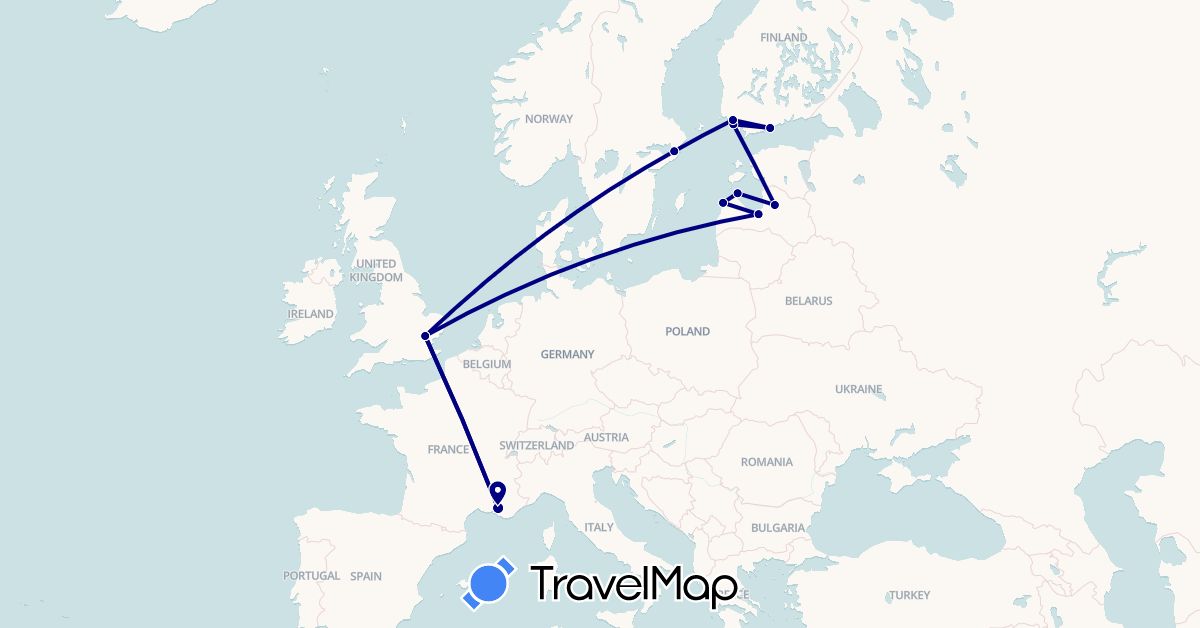 TravelMap itinerary: driving in Finland, France, United Kingdom, Latvia, Sweden (Europe)